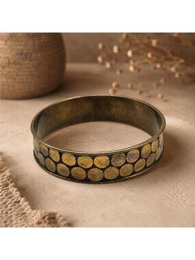 Vintage Brass Pebble Dot Bangle Bracelet XL 9.5 In Modernist 19.5mm Wide
